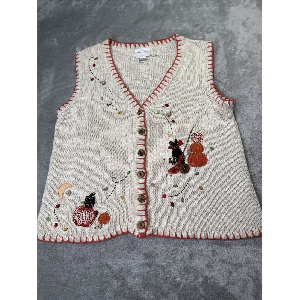 Christopher & Banks Cardigan Sweater Vest Size Large Embroidered Cats Pumpkins